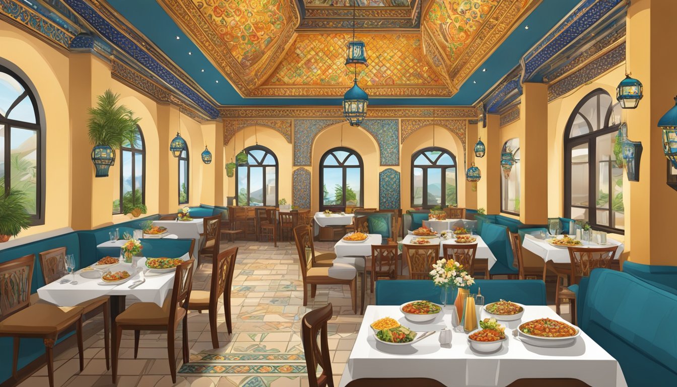 A bustling Mediterranean restaurant with colorful decor, traditional Turkish motifs, and a display of savory dishes on ornate serving platters