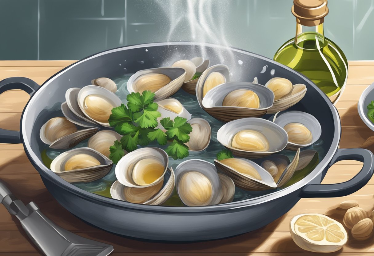 The clams are being washed and scrubbed under running water before being steamed in a pot with garlic, white wine, and parsley