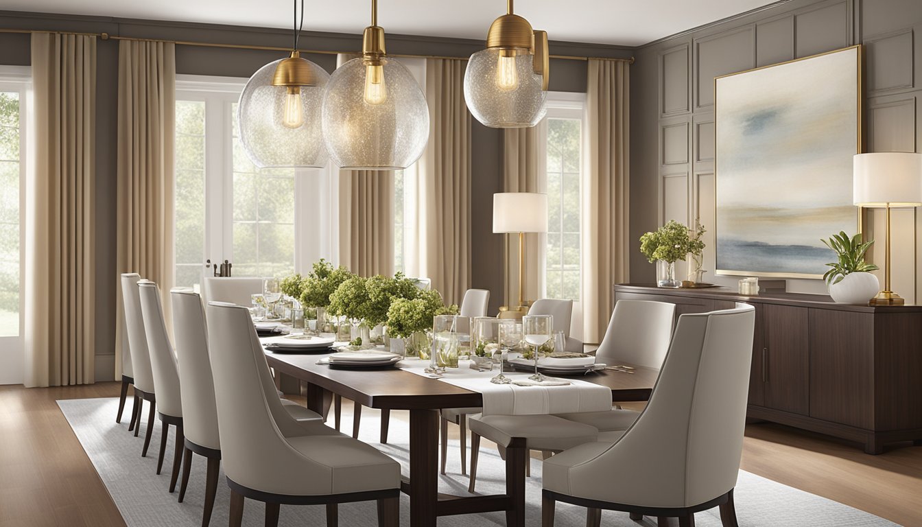 The warm glow of pendant lights illuminates the elegant dining area, casting a soft ambiance over the tables set with fine linens and sparkling glassware. Rich, earthy tones and modern décor create a sophisticated and inviting atmosphere