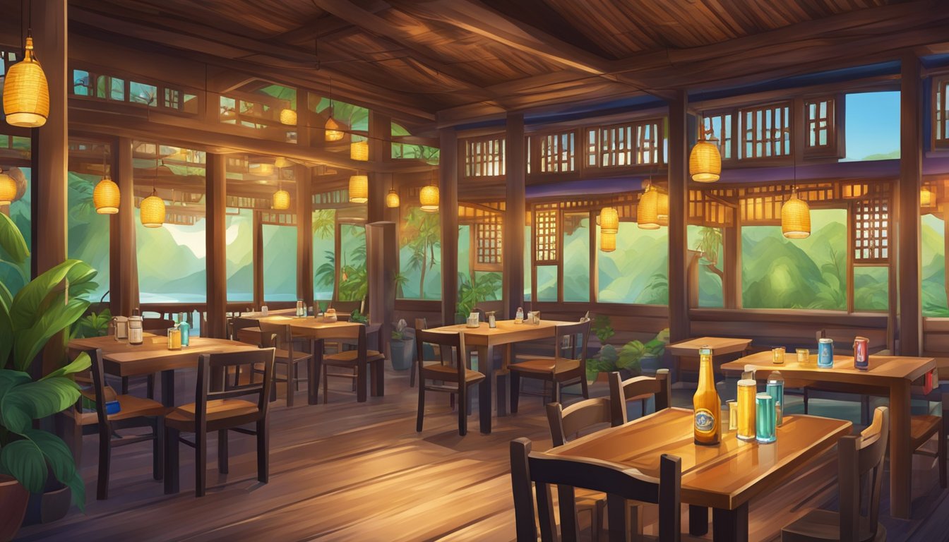 A cozy Thai house restaurant with beer bottles on the tables and colorful decor