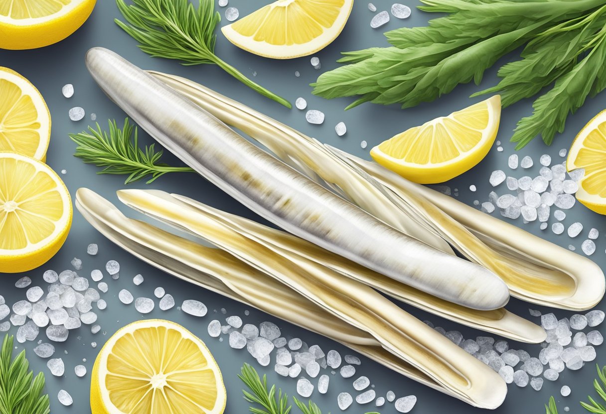 Razor clams arranged on a bed of sea salt, surrounded by fresh herbs and lemon slices, ready to be cooked into a delicious recipe