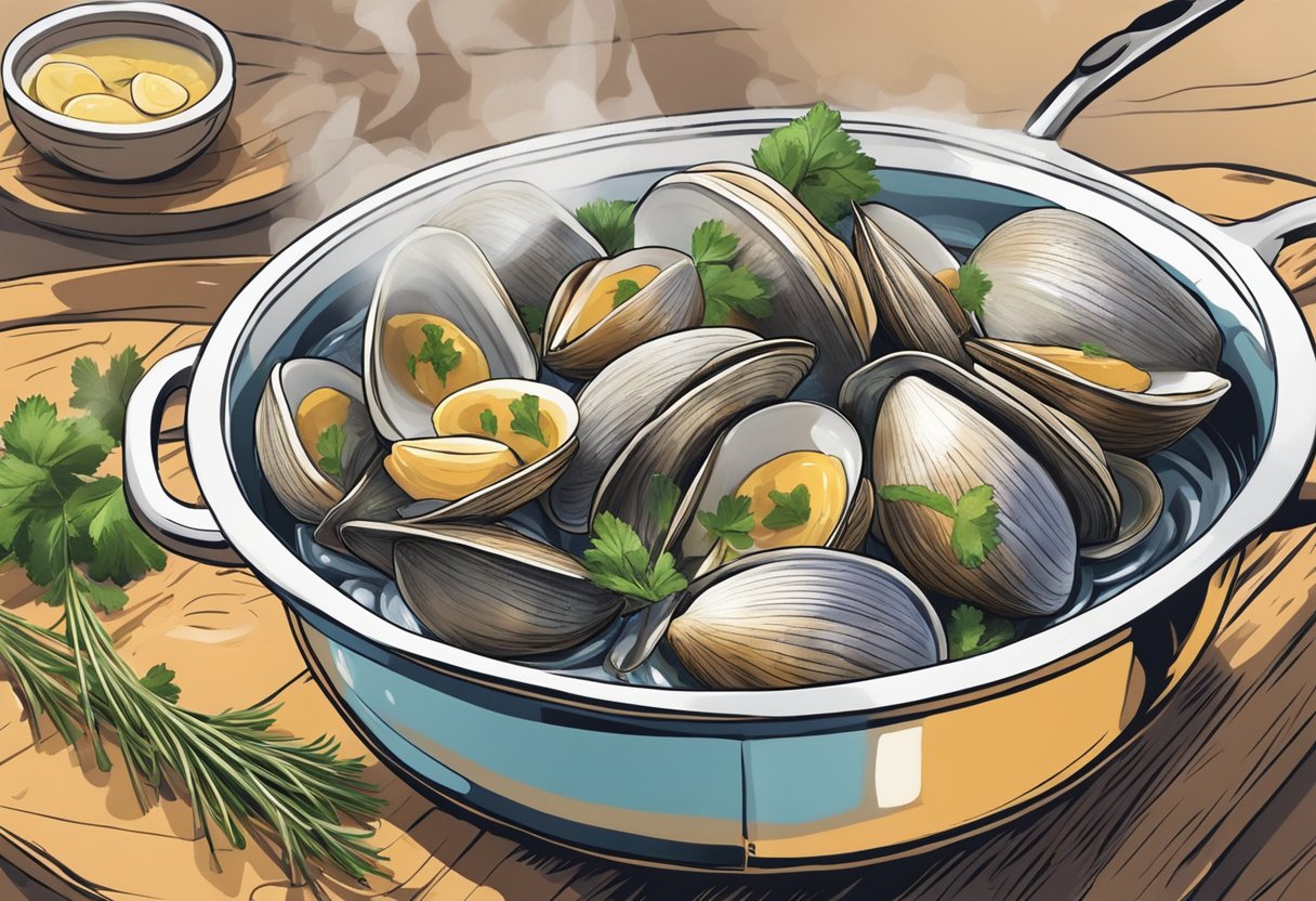 Clams being steamed in a pot with white wine, garlic, and herbs, releasing their briny aroma as they open
