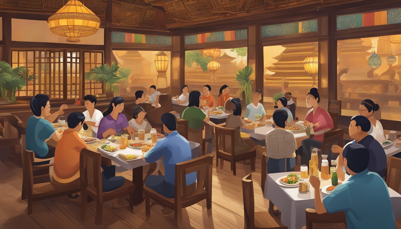 Customers dining at Beer Thai House, surrounded by Thai decor and traditional music. Steam rises from flavorful dishes on the tables