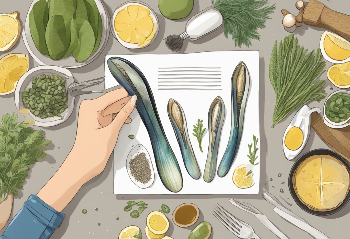 A hand holding a razor clam, surrounded by ingredients and kitchen utensils, with a recipe card titled "Frequently Asked Questions razor clam recipe" in the background