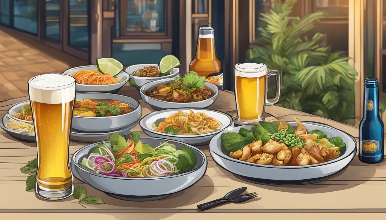 A table set with Thai dishes and beer at a lively restaurant