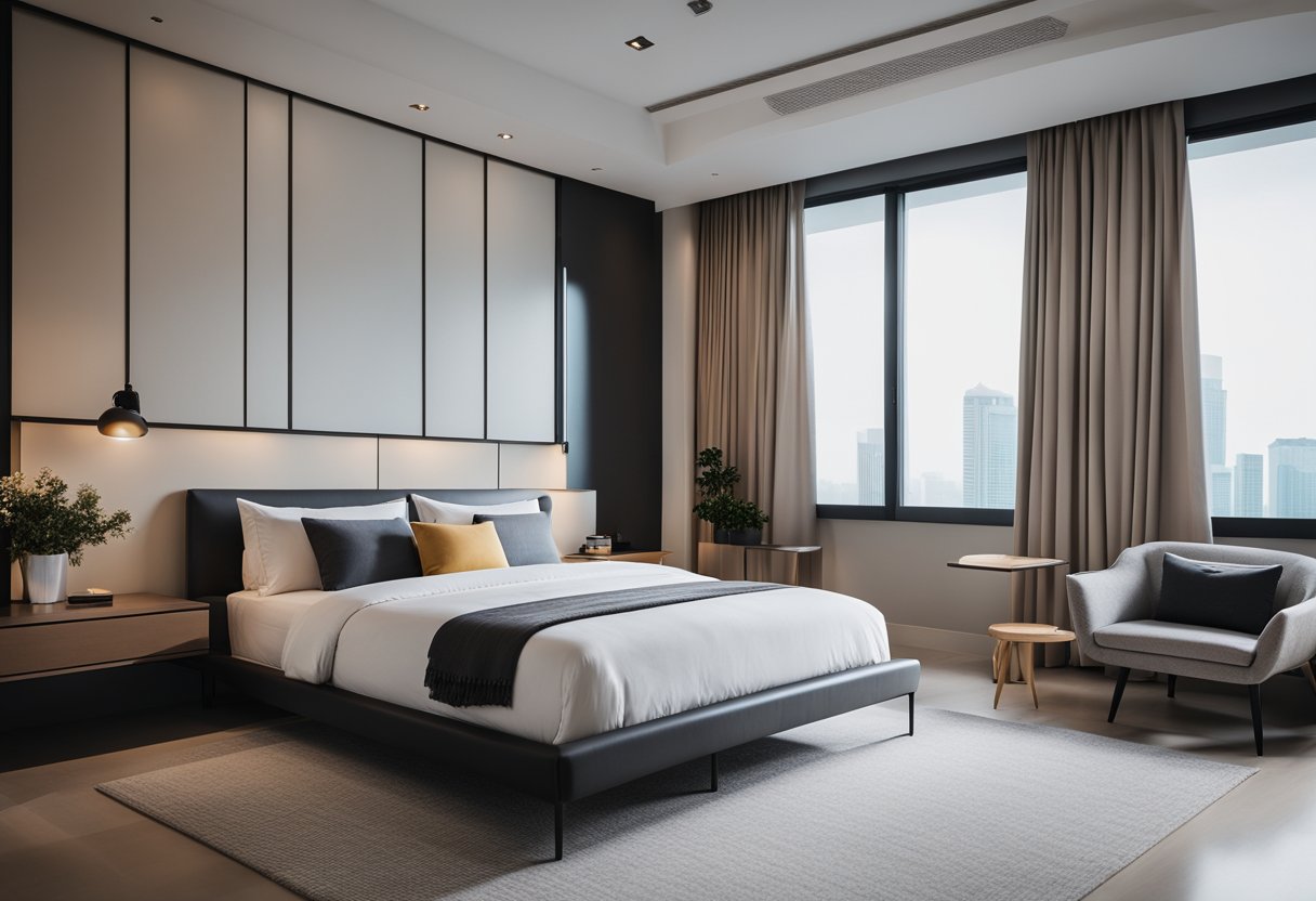 A modern bedroom in Singapore with a sleek platform bed, a minimalist nightstand, a stylish wardrobe, and a cozy armchair