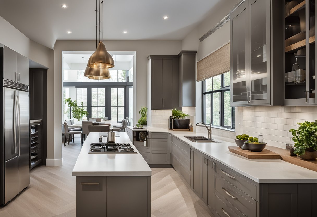 A spacious L-shaped kitchen with modern appliances, sleek countertops, and ample storage. Natural light floods in through large windows, illuminating the clean, contemporary design