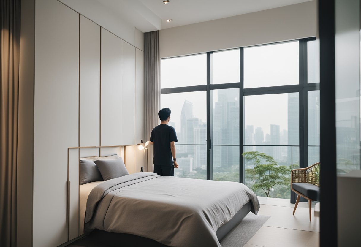 A person carefully chooses bedroom furniture in a modern Singapore home. The room is bright and airy, with clean lines and minimalistic decor
