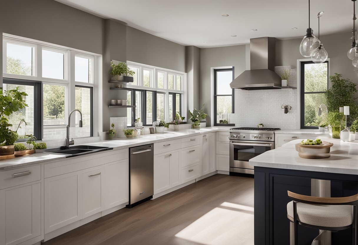 A spacious L-shaped kitchen with modern appliances, ample counter space, and sleek cabinetry. Natural light floods the room through large windows, illuminating the clean and contemporary design