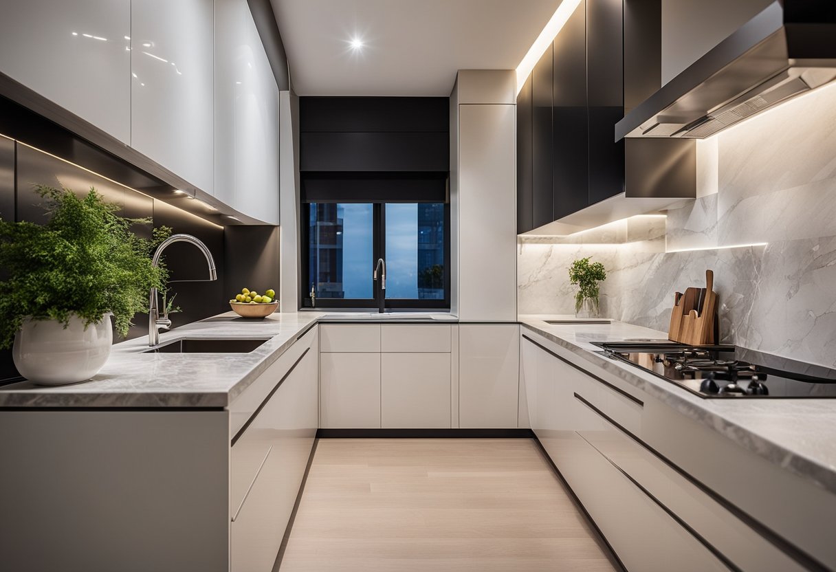 A modern L-shaped kitchen with sleek cabinets, marble countertops, and integrated appliances. Efficient storage solutions and stylish lighting complete the renovation