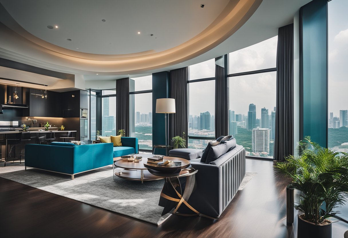 A modern expat apartment in Singapore, with sleek furniture and vibrant decor, overlooking the city skyline