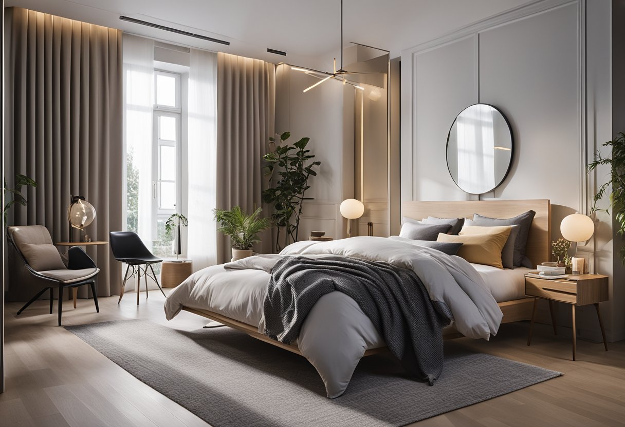 A cozy bedroom with modern furniture, including a sleek bed frame, a stylish nightstand, and a spacious wardrobe. The room is well-lit with natural light streaming in through large windows