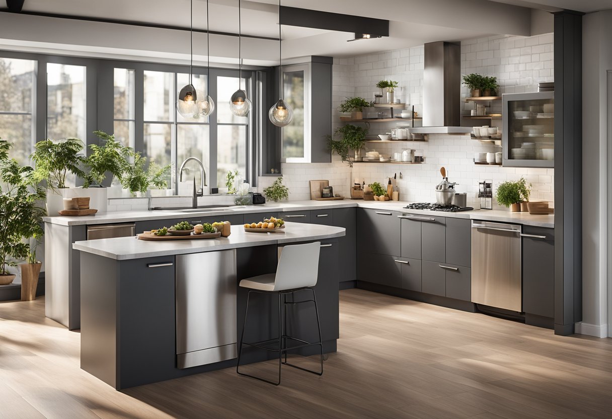 A modern L-shaped kitchen with sleek cabinets, granite countertops, and stainless steel appliances. Bright, natural light floods the space from large windows
