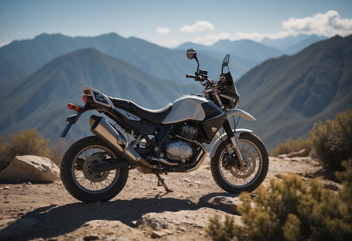 A rugged motorcycle conquers a rocky trail, surrounded by towering mountains and a clear blue sky
