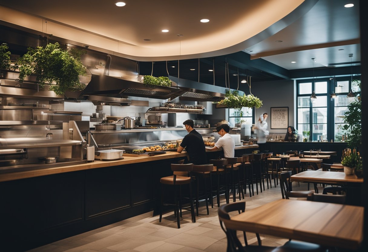 A small open kitchen restaurant with modern decor, cozy seating, and a bustling chef preparing dishes in full view of the diners