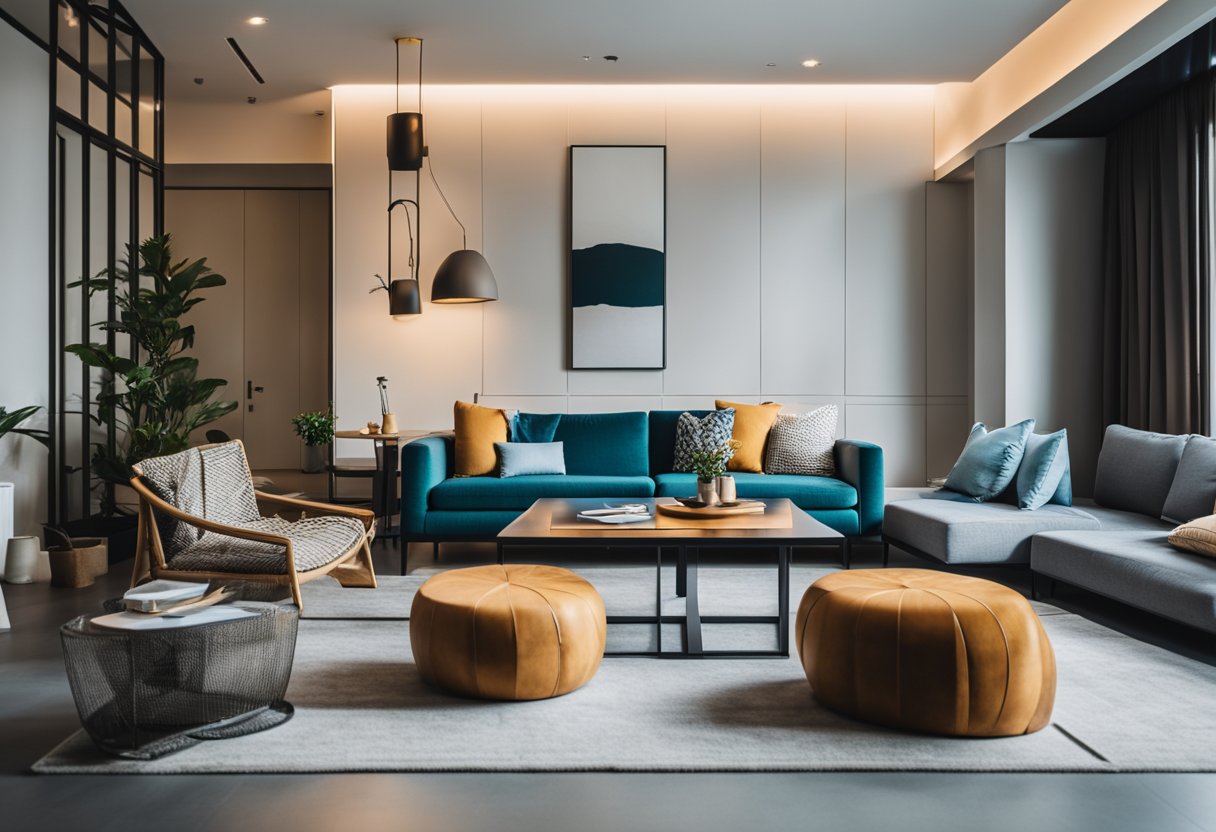 A cozy living room in Singapore with modern furniture, a sleek sofa, a stylish coffee table, and vibrant decor