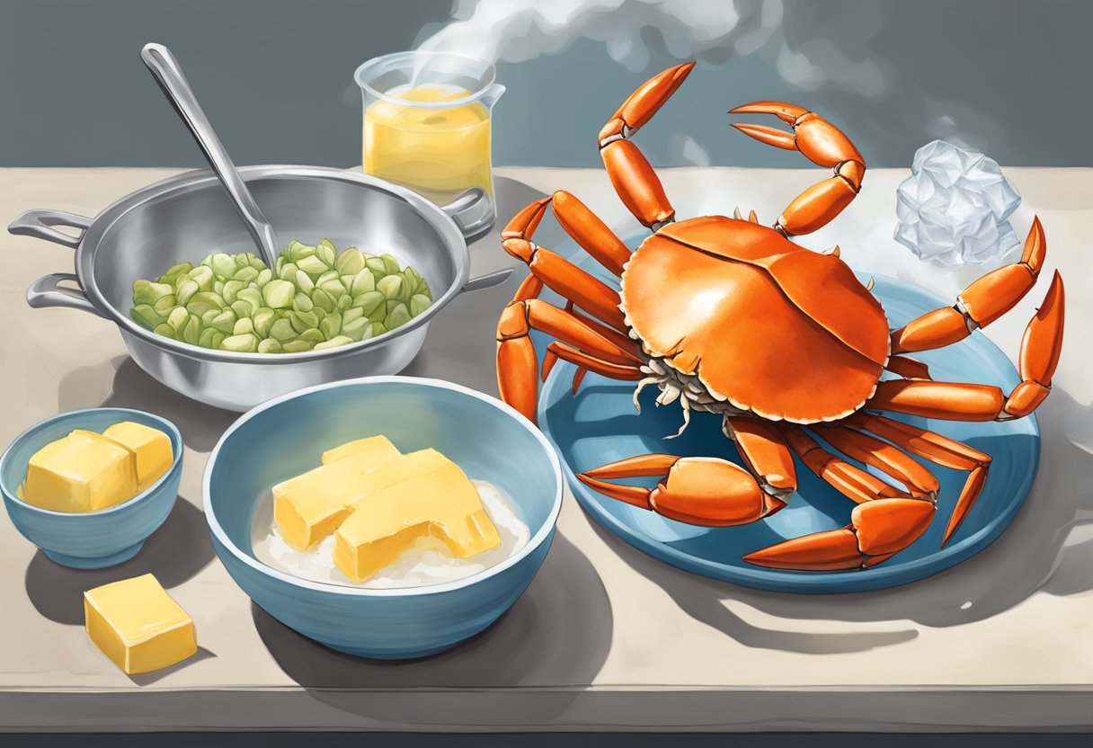 A snow crab being cracked open, revealing succulent white meat. A pot of boiling water and a plate of drawn butter sit nearby
