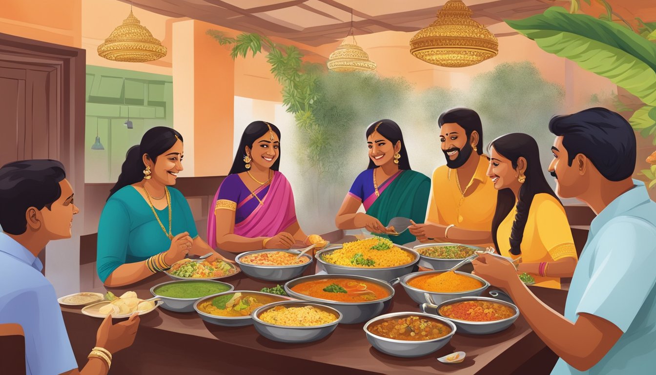 Customers enjoying a variety of South Indian dishes at Ananda Bhavan restaurant, with colorful decor and aromatic spices filling the air
