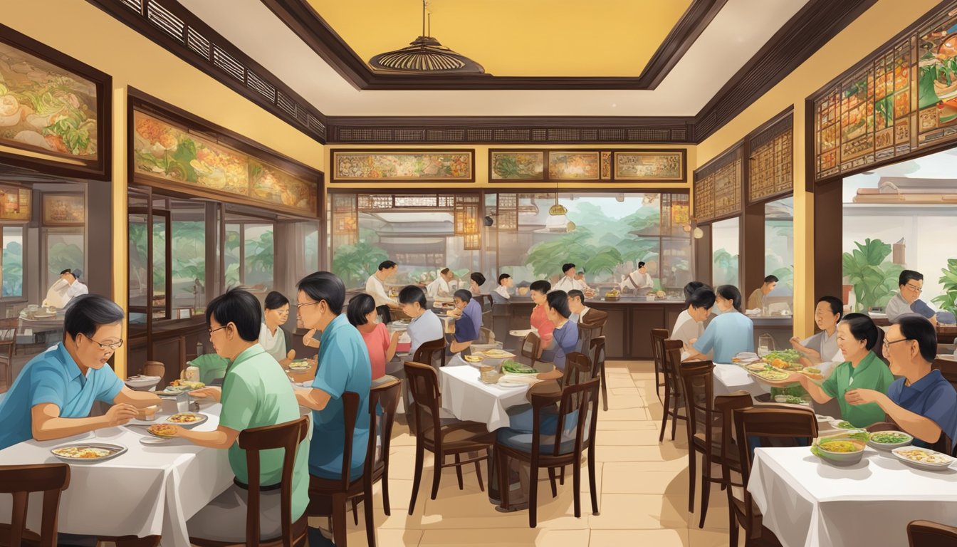 A bustling Teochew restaurant with traditional decor and diners enjoying authentic cuisine