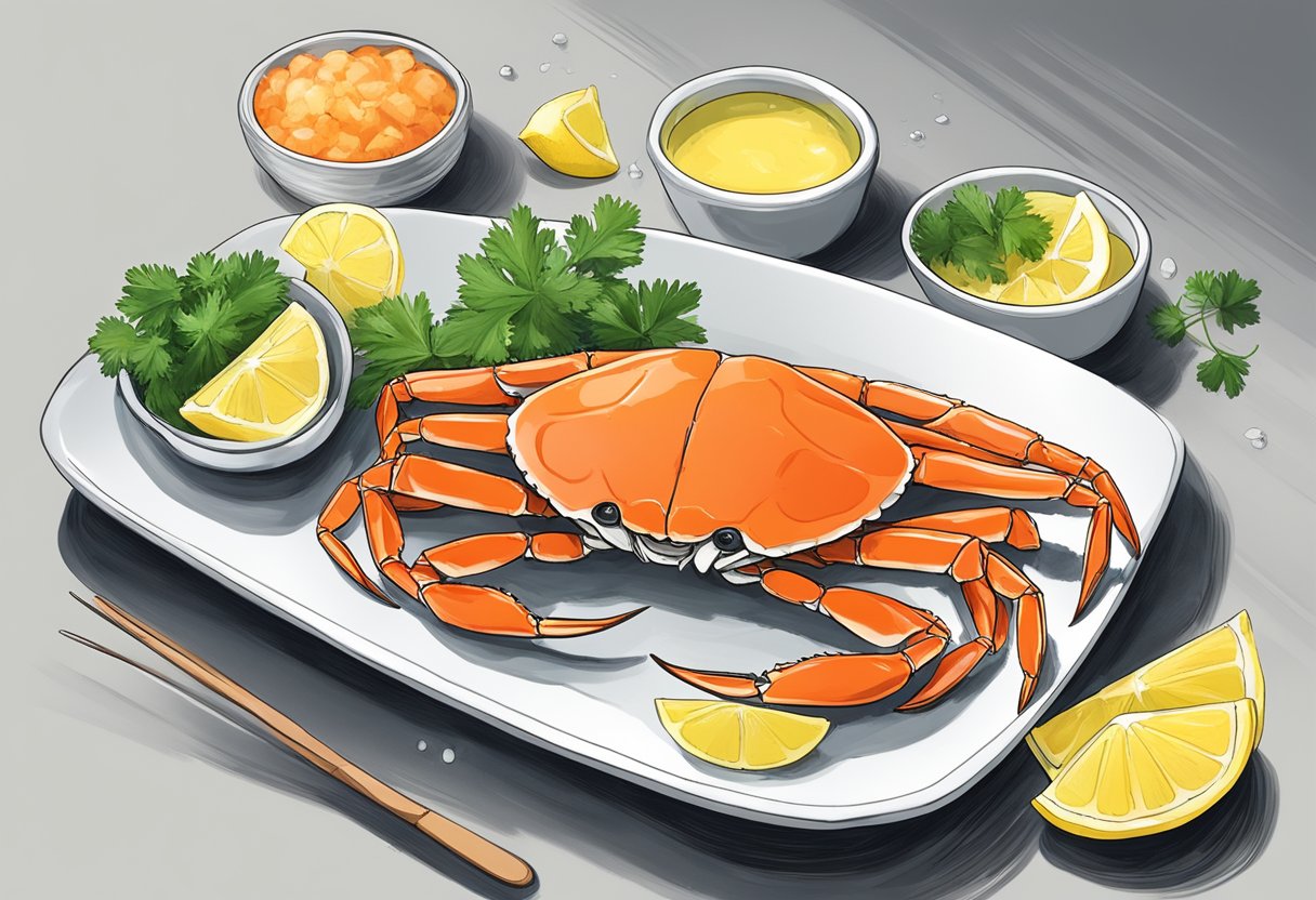 Snow crab legs arranged on a platter, garnished with lemon wedges and parsley, surrounded by melted butter in a dipping bowl