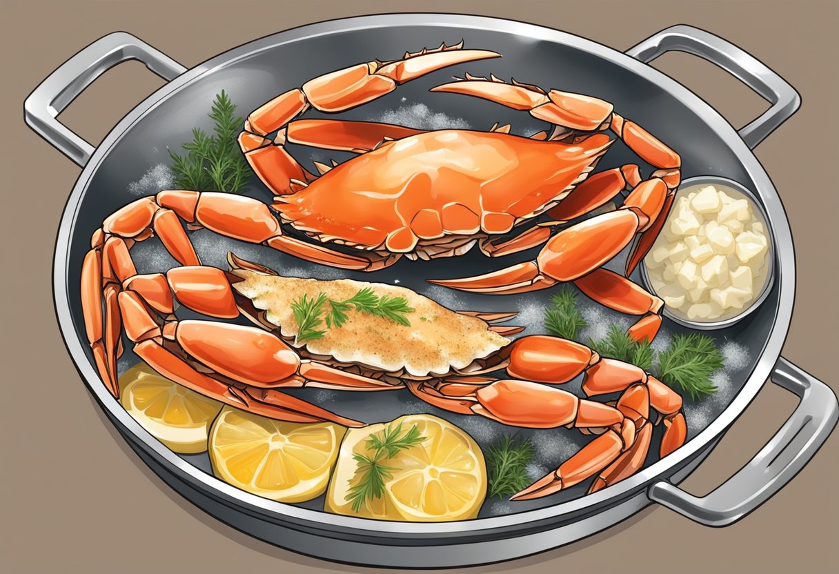 Snow crab being cracked open, meat being extracted and mixed with butter, garlic, and herbs. Placed on a grill, sizzling and browning