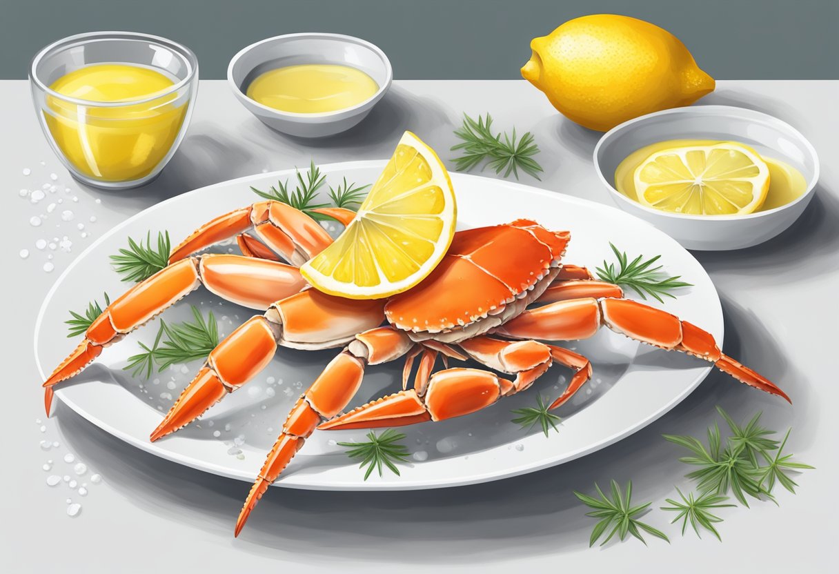 Snow crab legs arranged on a white plate with lemon slices and a sprinkle of herbs, surrounded by melted butter in a small dish