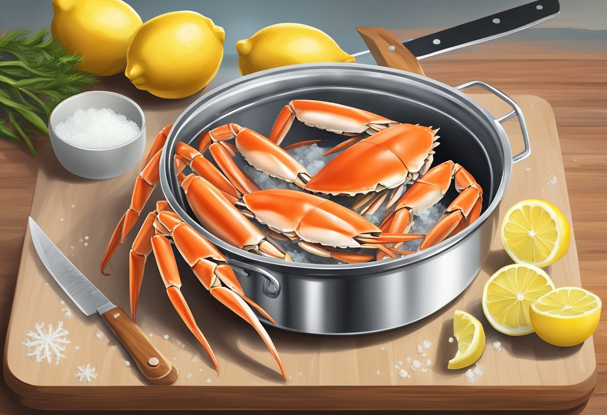A steaming pot of snow crab legs surrounded by lemon wedges and melted butter. A chef's knife and cutting board sit nearby