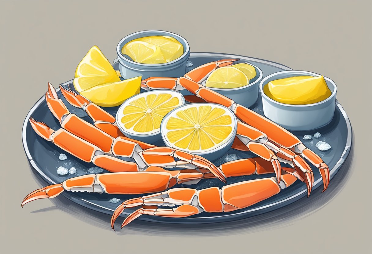 Snow crab legs arranged on a platter with lemon wedges and melted butter on the side