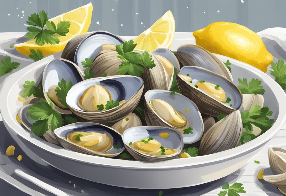 A white bowl filled with steamed clams, garnished with fresh herbs and a drizzle of garlic-infused butter. A lemon wedge sits on the side
