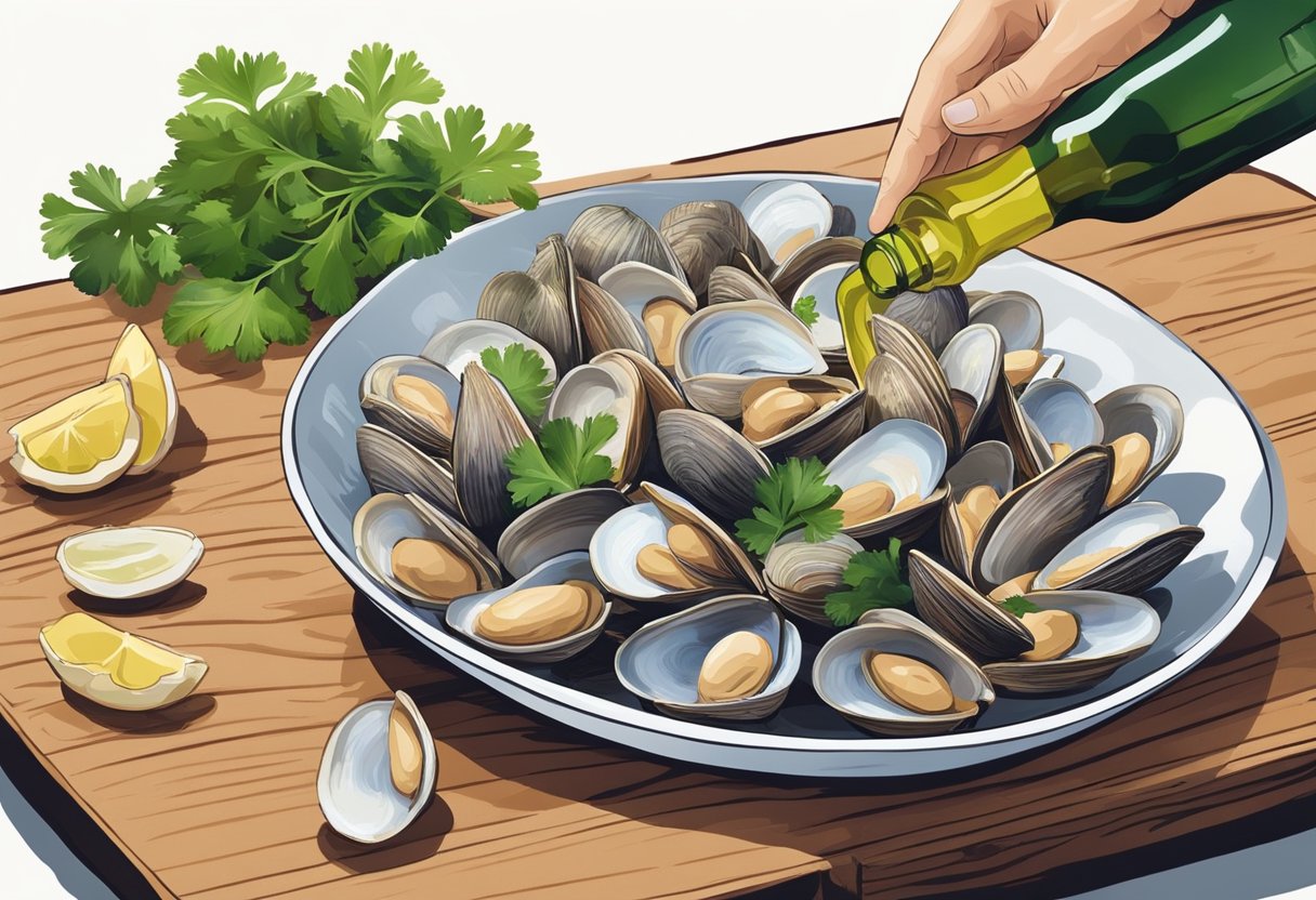 A hand reaching for a bowl of fresh clams, a bottle of white wine, and a bunch of parsley on a wooden cutting board