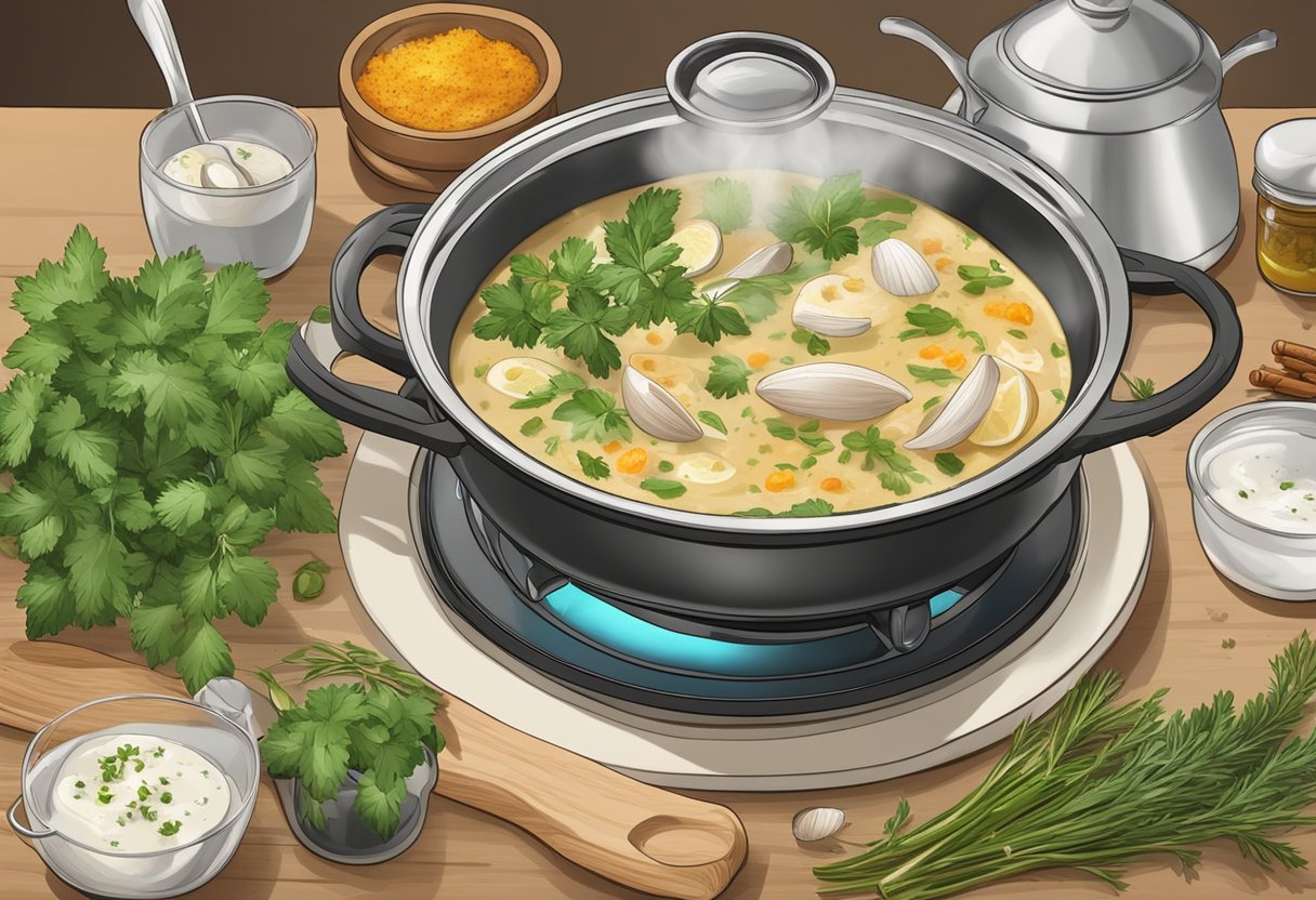 A pot simmering on the stove with white clam sauce bubbling, surrounded by fresh herbs and spices on the counter