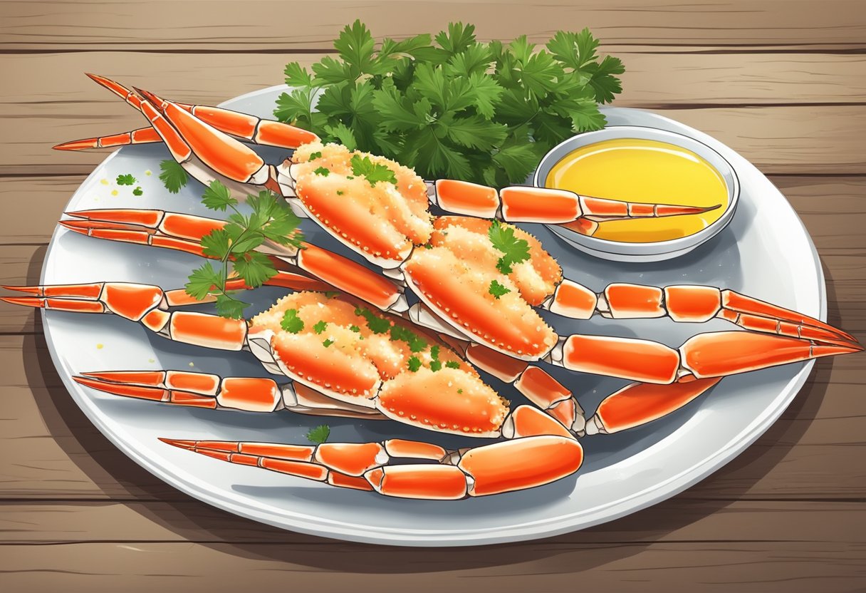 Snow crab legs arranged on a white plate with a side of melted butter and a sprinkle of parsley, set against a backdrop of a rustic wooden table