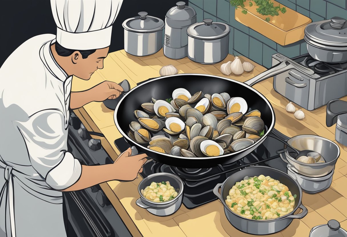 A chef mixing fresh clams with garlic, butter, and herbs in a skillet over a stovetop
