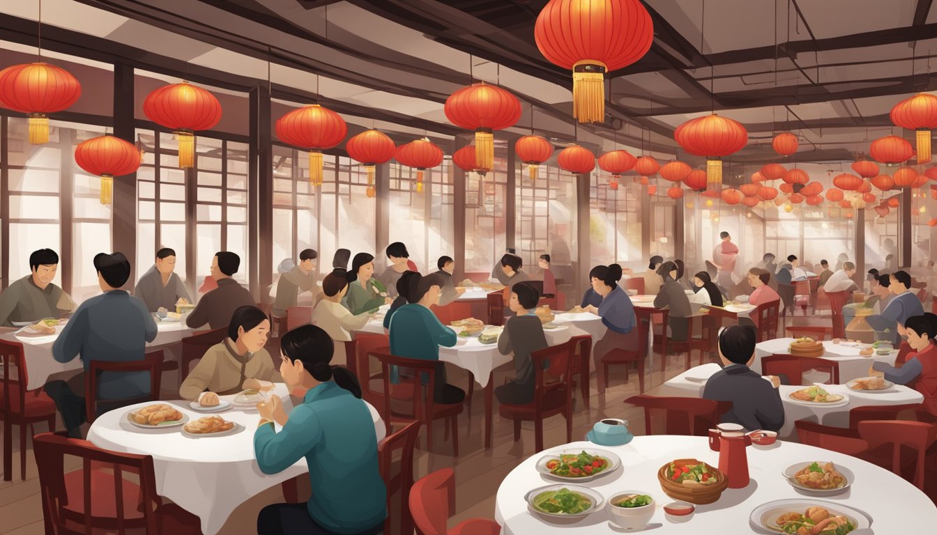 A bustling Chinese restaurant with red lanterns, round tables, and steaming dumplings