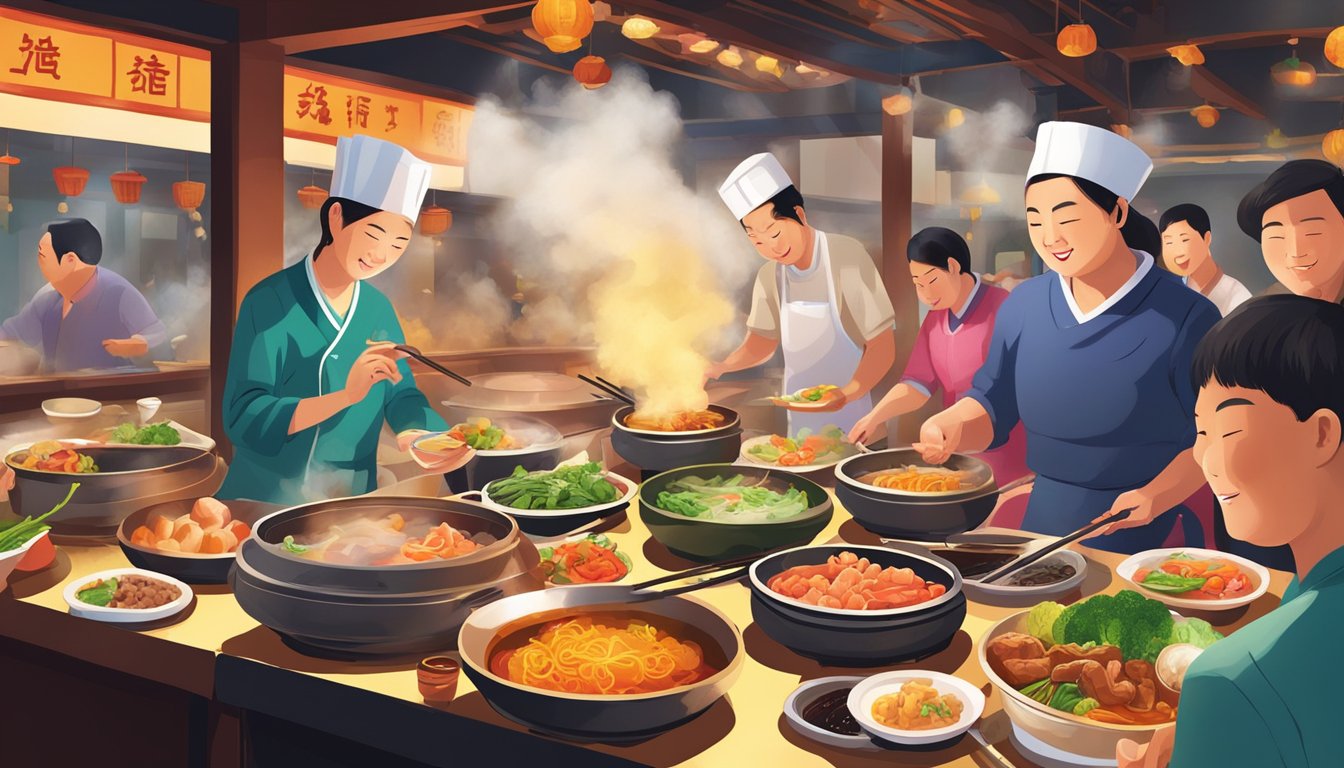 Customers savouring dishes at Gui Yuan restaurant: steam rising from hot pots, vibrant colors of stir-fried vegetables, and the aroma of sizzling meats filling the air