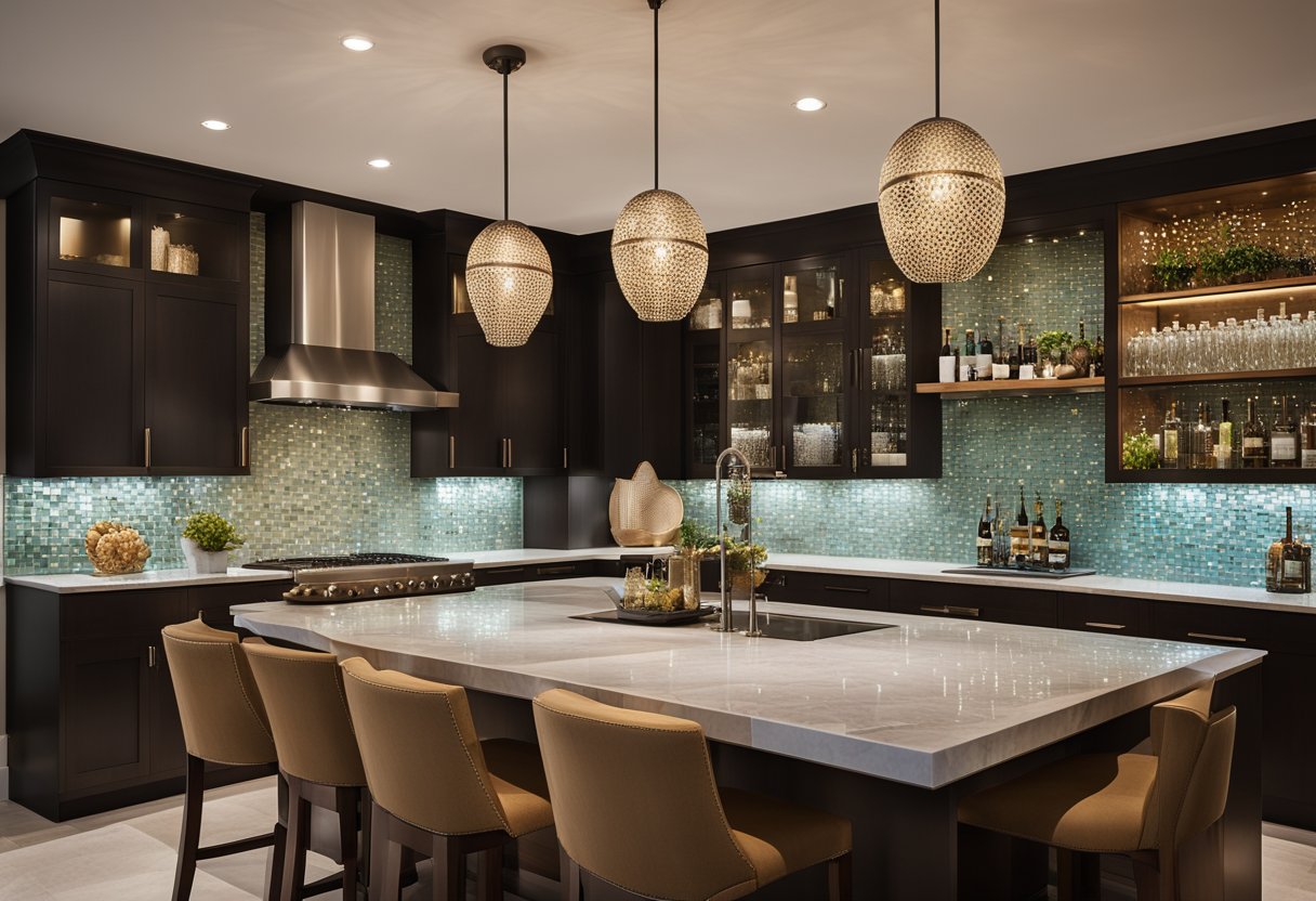 A sleek, modern kitchen bar with a marble countertop, pendant lighting, and wooden barstools. Glass shelves display elegant glassware, and a mosaic backsplash adds a pop of color
