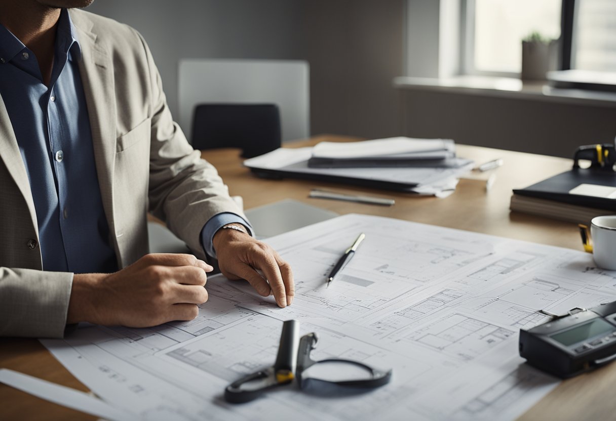 A contractor measures and plans an office renovation, with blueprints and tools scattered on a desk