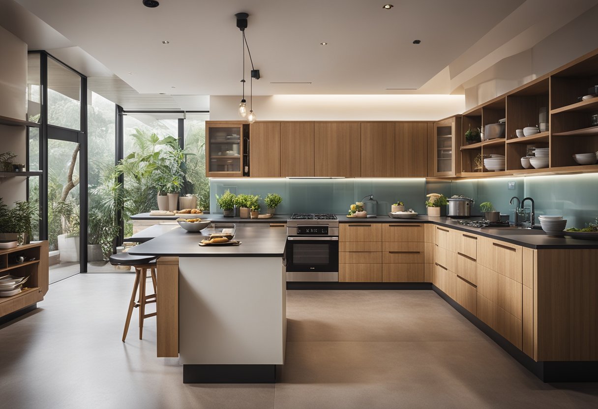 A spacious Taiwanese kitchen with modern appliances, traditional wooden cabinets, and a large central island for cooking and entertaining