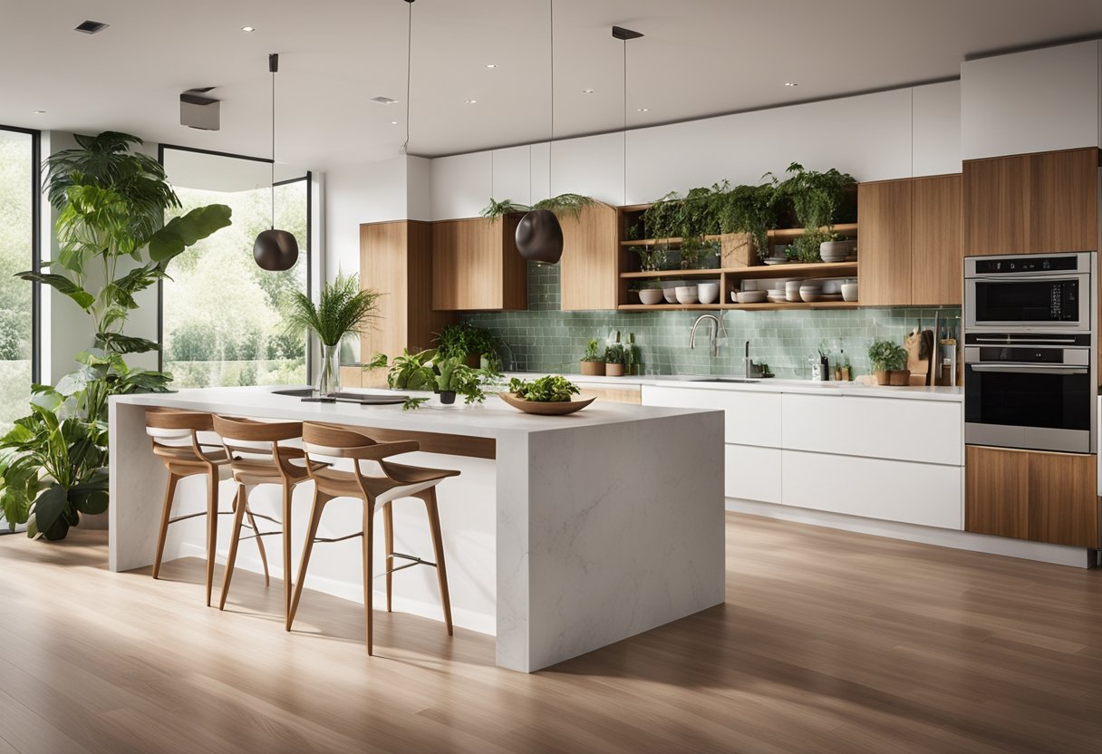 A spacious, open-concept kitchen with sleek, white cabinets, natural wood accents, and a large island with a quartz countertop. Wide windows let in plenty of natural light, and lush green plants add a touch of tropical flair