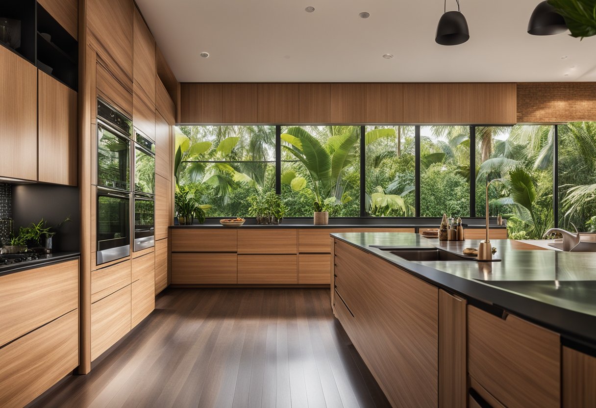 A spacious, open kitchen with sleek, tropical-inspired cabinetry, natural wood accents, and large windows overlooking lush greenery