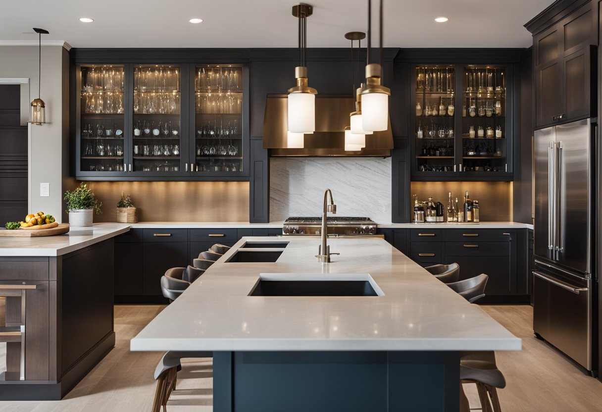 A modern kitchen bar with sleek countertops, pendant lighting, and comfortable barstools. Glass cabinets showcase elegant stemware and a built-in wine cooler