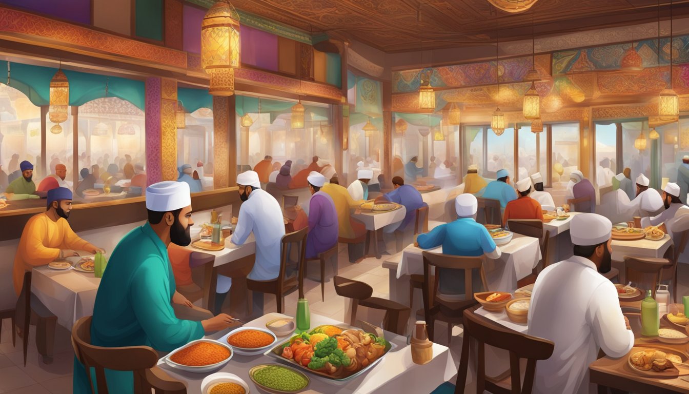 A bustling Muslim restaurant with colorful decor, aromatic spices, and steaming dishes on every table
