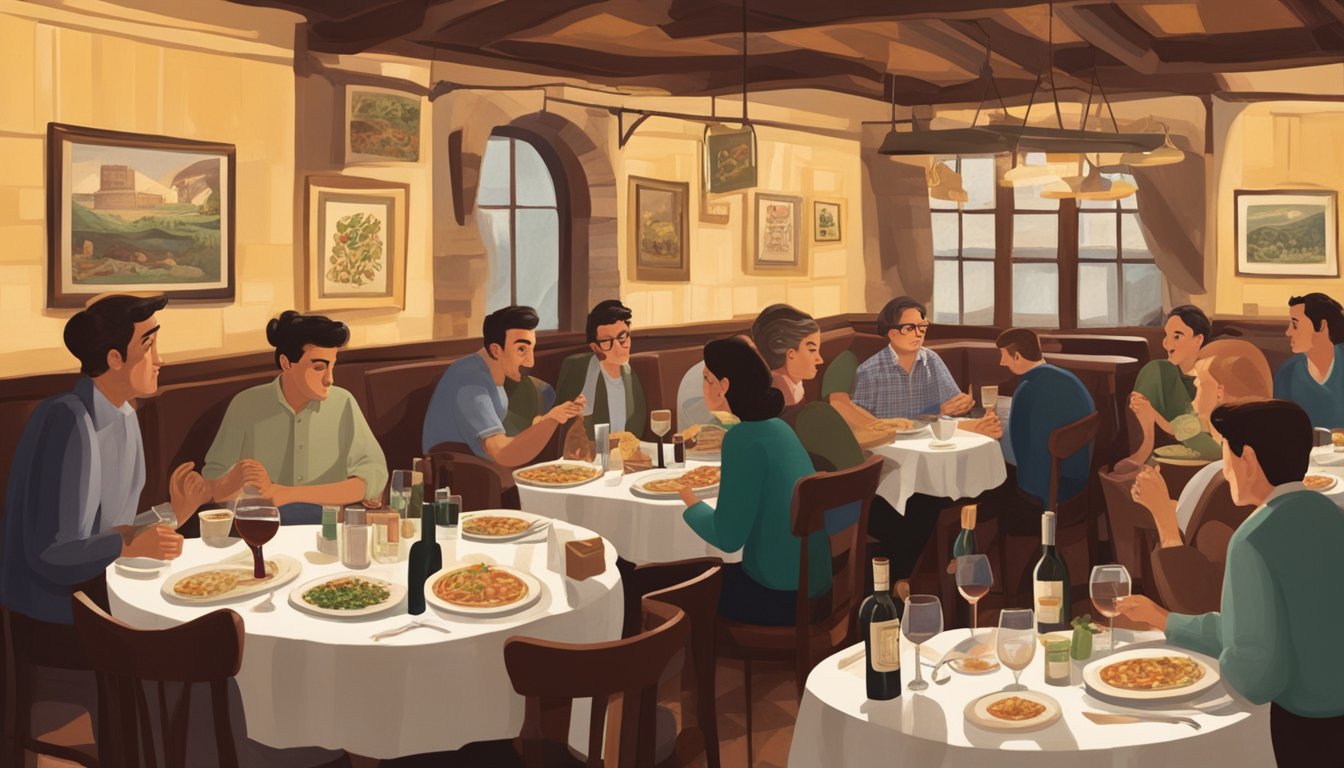 A bustling Italian restaurant with dim lighting, checkered tablecloths, and a wall adorned with vintage wine bottles. Patrons chat animatedly over plates of pasta and pizza
