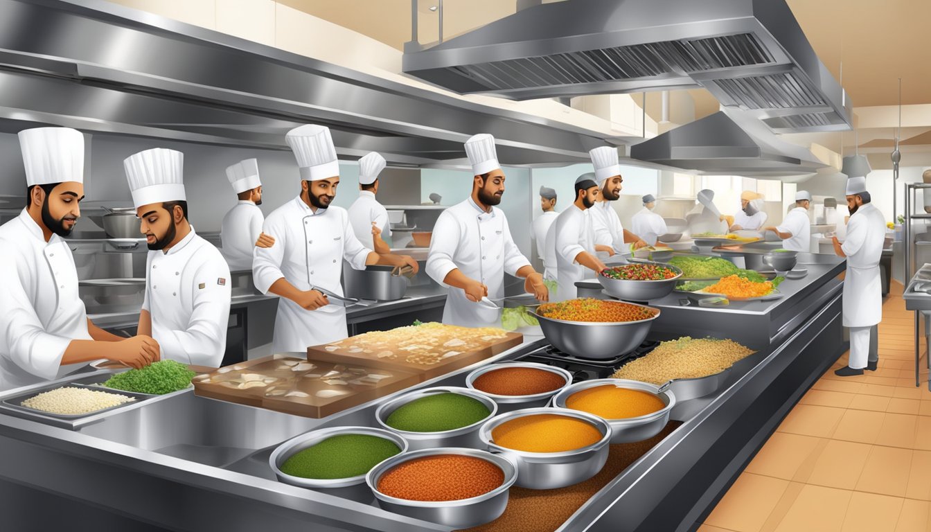 The bustling kitchen at Culinary Delights Julaiha Muslim restaurant, filled with chefs preparing aromatic dishes and colorful spices