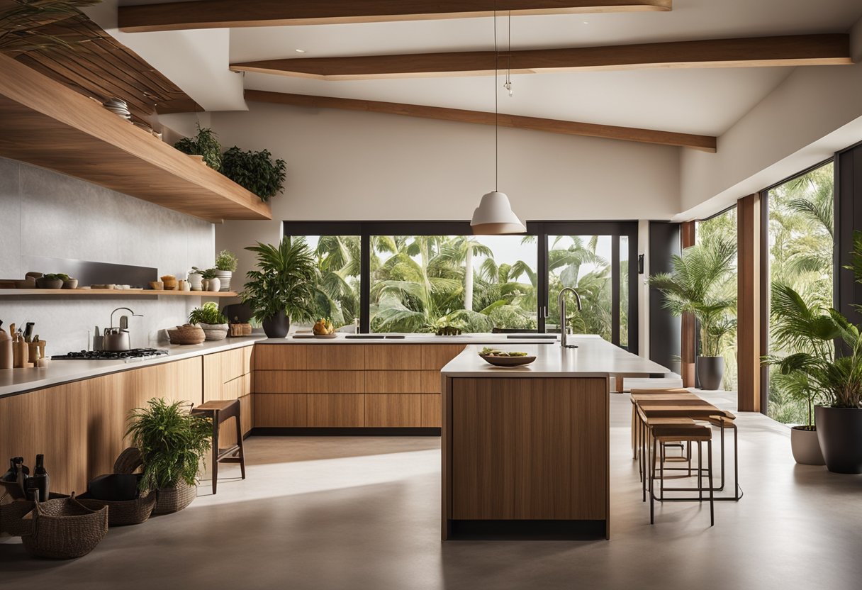 A spacious, open-concept kitchen with sleek, natural wood cabinetry and a large island adorned with tropical plants. The room is flooded with natural light from large windows, and there is a seamless flow between indoor and outdoor spaces