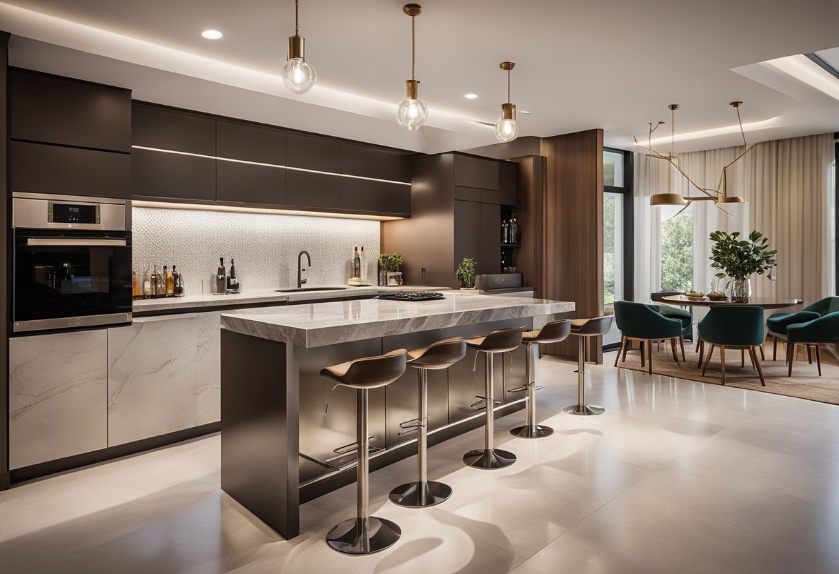 A sleek, modern kitchen bar with stainless steel appliances, pendant lighting, and a marble countertop, complete with stylish bar stools and a built-in wine rack