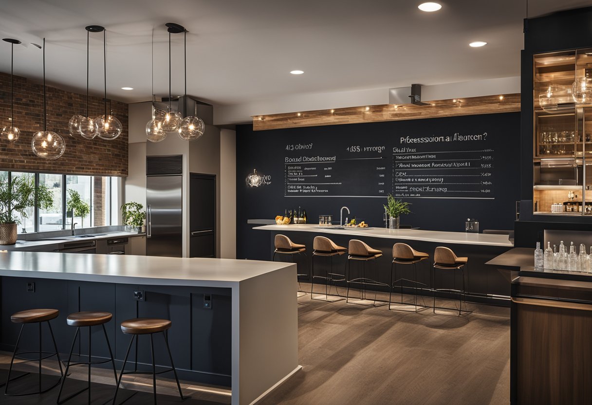 A modern kitchen bar with sleek countertops, pendant lighting, and comfortable seating. A chalkboard wall displays frequently asked questions about design ideas