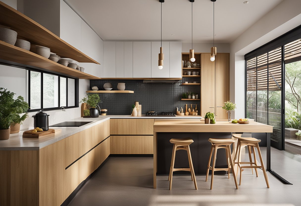 A modern Taiwanese kitchen with sleek, minimalist design. Bamboo accents, open shelving, and a large central island. Bright natural light streams in through large windows, illuminating the space