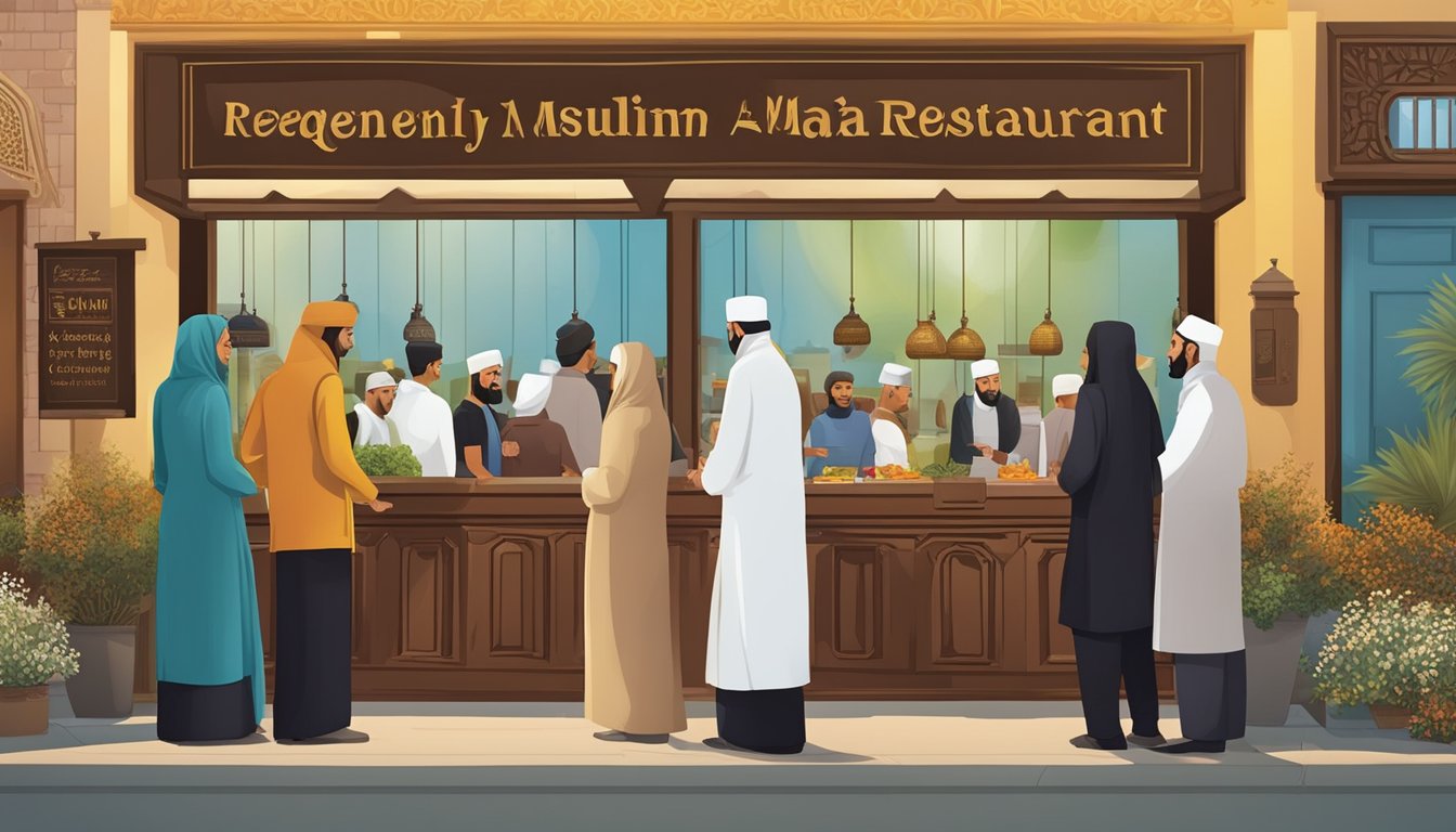 Customers line up at the entrance of Julaiha Muslim restaurant, reading the "Frequently Asked Questions" sign. The aroma of spices and sizzling food fills the air