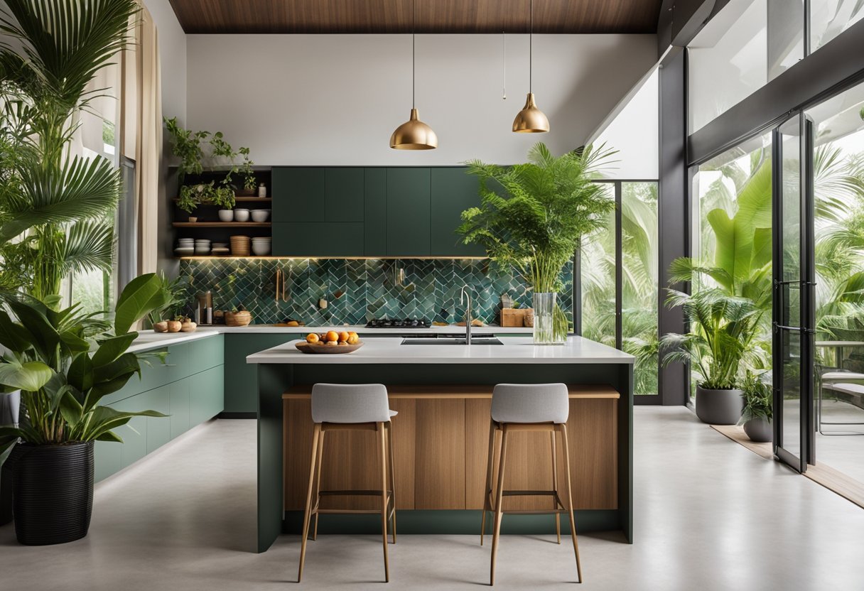 A sleek, open-concept kitchen with natural light, lush greenery, and modern tropical decor